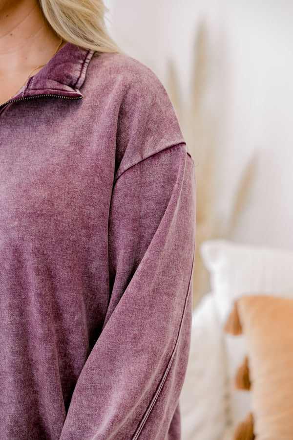 Chic Soul plus size clothing, eggplant colored acid washed long sleeve pullover with a collar 