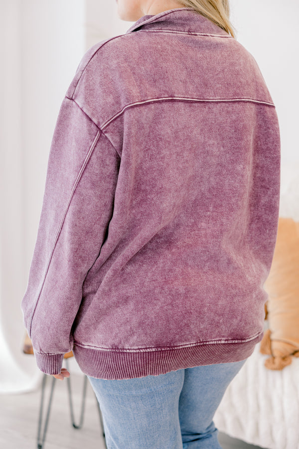 Chic Soul plus size clothing, eggplant colored acid washed long sleeve pullover with a collar 