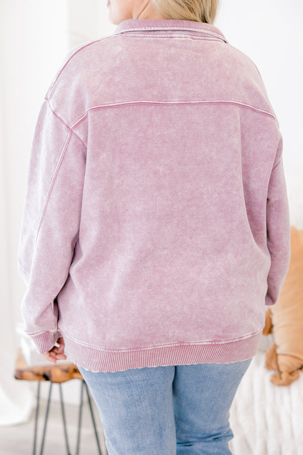 Chic Soul plus size clothing, acid wash dusty pink pullover with 1/4 zip and collar