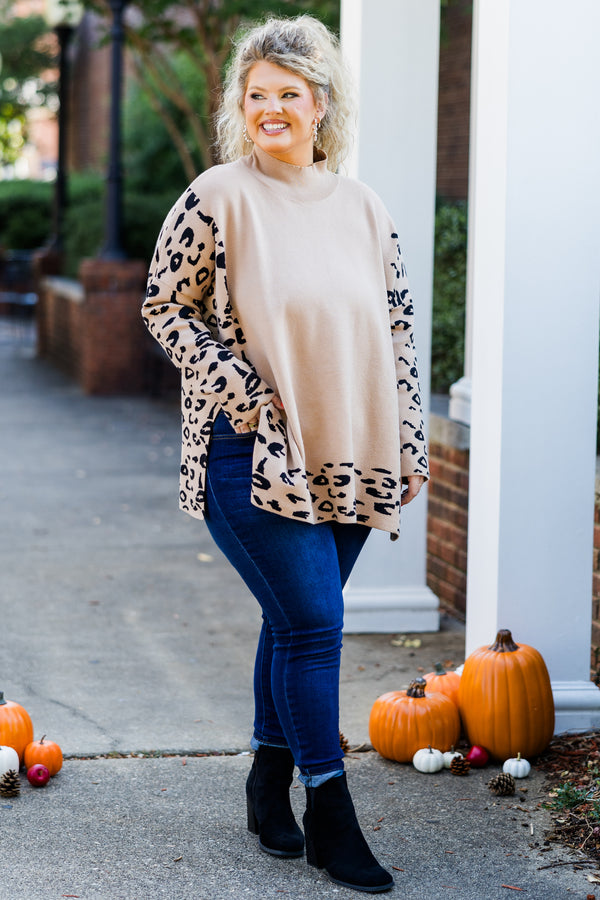 Chic Soul plus size clothing, long-sleeve taupe turtle-neck tunic with leopard print pattern on sleeves and framing the sweater 