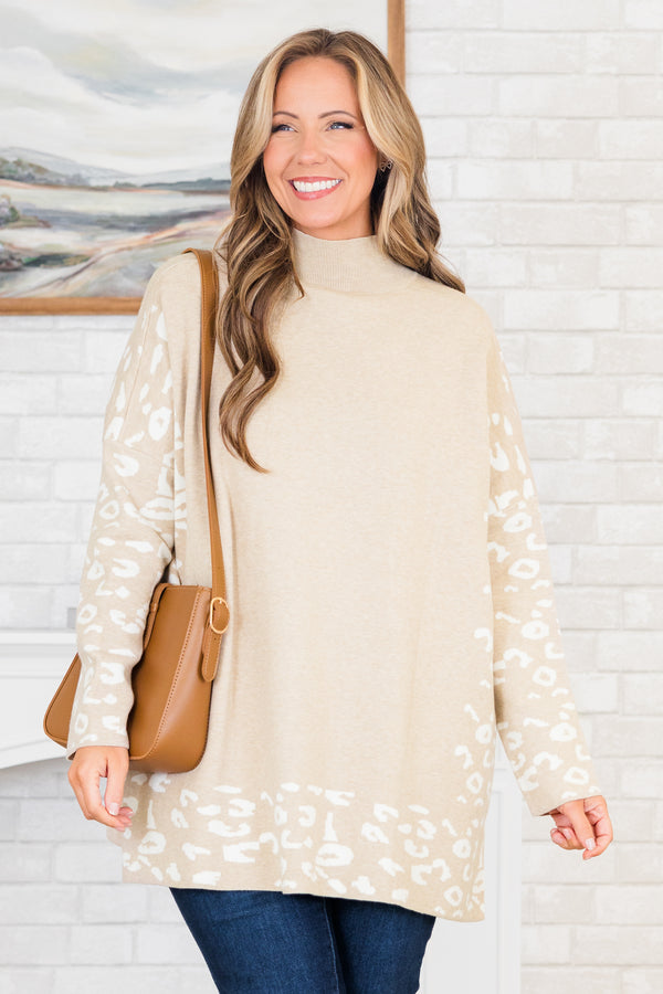 Chic Soul plus size clothing, taupe-white long sleeve knit sweater tunic with mock neckline with white leopard detail along sleeves and bottom