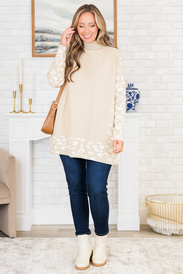 Chic Soul plus size clothing, taupe-white long sleeve knit sweater tunic with mock neckline with white leopard detail along sleeves and bottom
