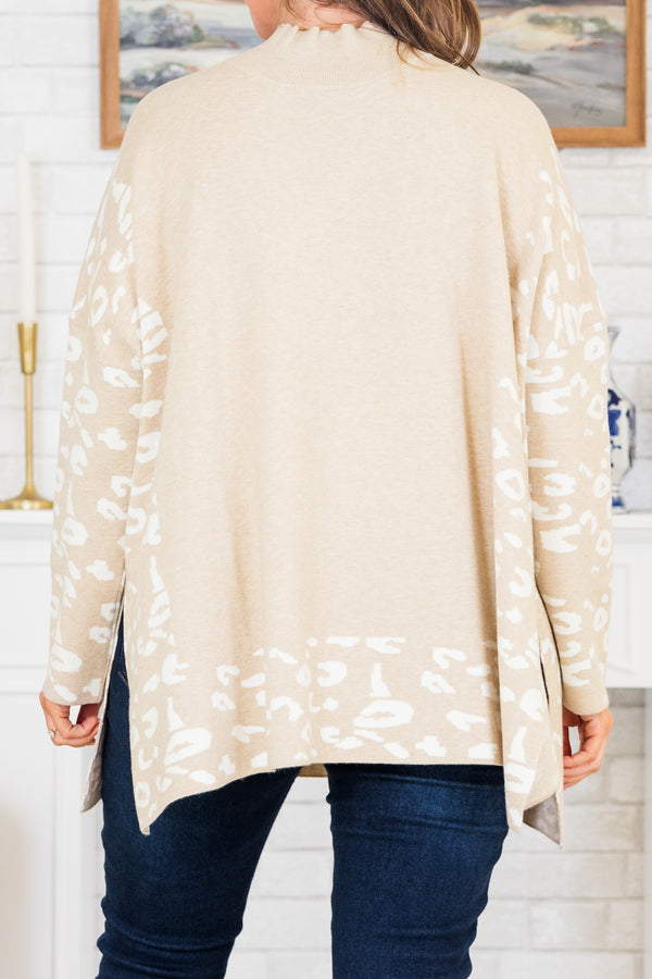Chic Soul plus size clothing, taupe-white long sleeve knit sweater tunic with mock neckline with white leopard detail along sleeves and bottom