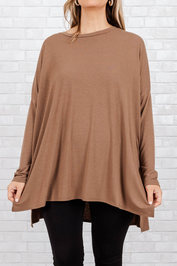 Chic Soul plus size clothing, mocha colored buttery soft longer length long sleeve top with slits on the sides