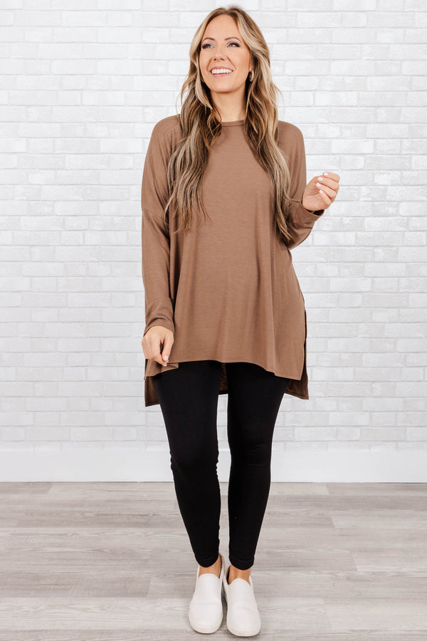 Chic Soul plus size clothing, mocha colored buttery soft longer length long sleeve top with slits on the sides