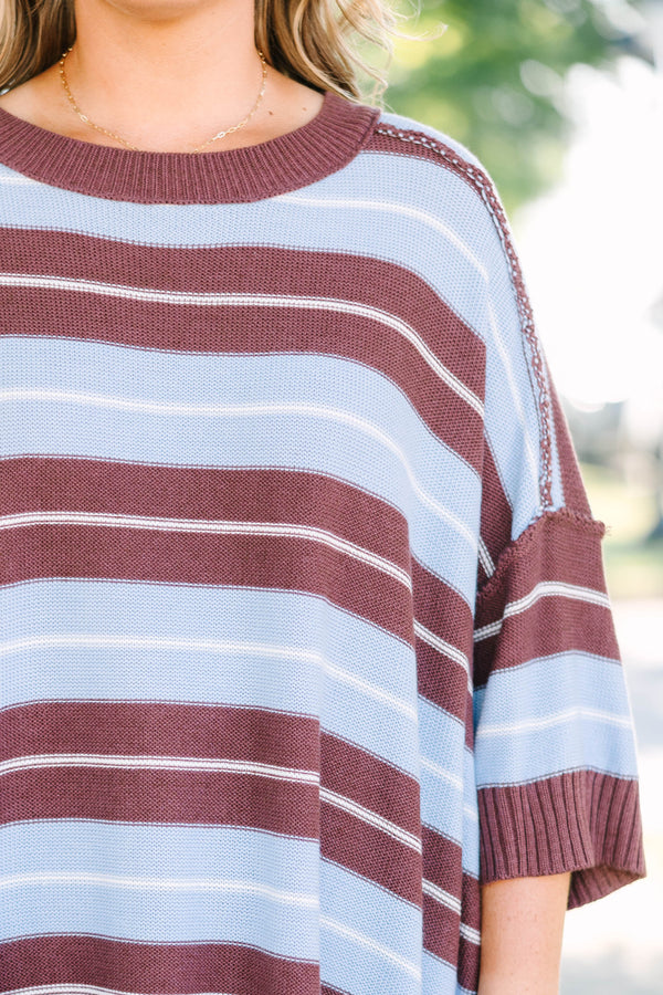 Plus Size brown and blue striped sweater with a crew neckline and three-quarter length sleeves.