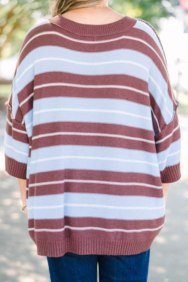 Plus Size brown and blue striped sweater with a crew neckline and three-quarter length sleeves.