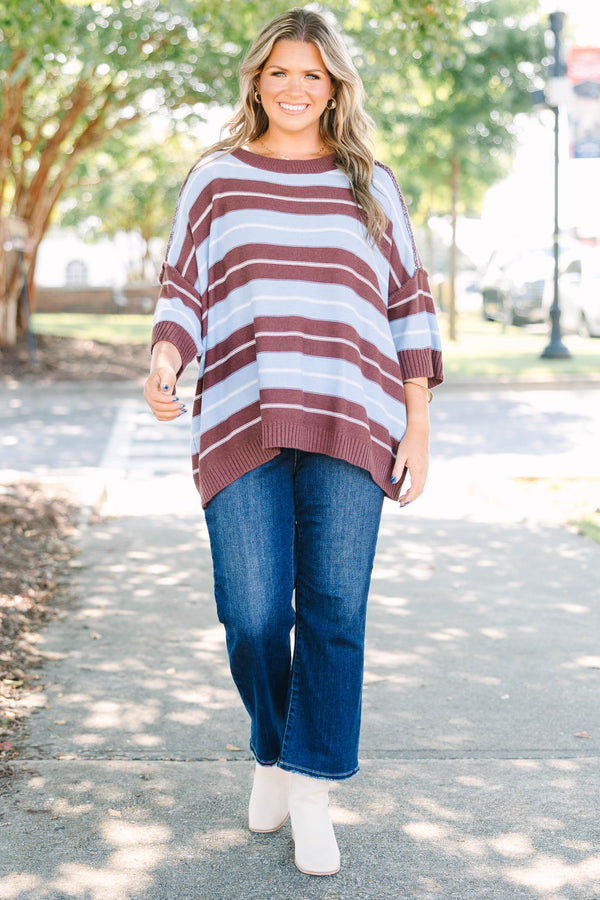Plus Size brown and blue striped sweater with a crew neckline and three-quarter length sleeves.