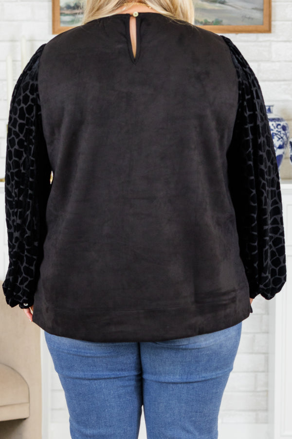 Chic Soul plus size clothing, black long sleeve suede top with geometric textured design on sleeves with round neckline and cuff sleeves