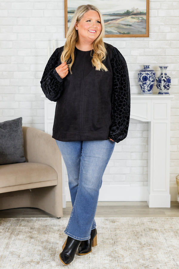 Chic Soul plus size clothing, black long sleeve suede top with geometric textured design on sleeves with round neckline and cuff sleeves