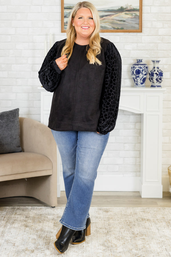 Chic Soul plus size clothing, black long sleeve suede top with geometric textured design on sleeves with round neckline and cuff sleeves