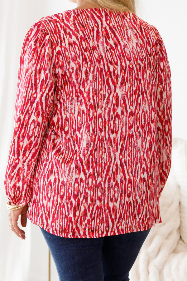 Chic Soul plus size clothing, fuchsia and white abstract stripe patterned long-balloon sleeve shallow v-neck top