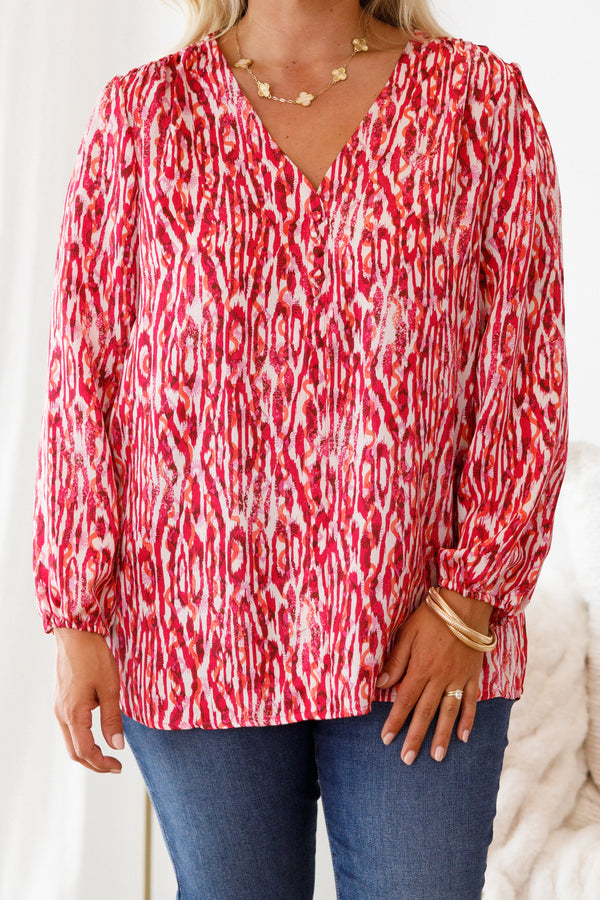 Chic Soul plus size clothing, fuchsia and white abstract stripe patterned long-balloon sleeve shallow v-neck top