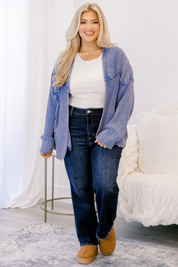 Chic Soul plus size clothing, acid wash blue long sleeve cardigan