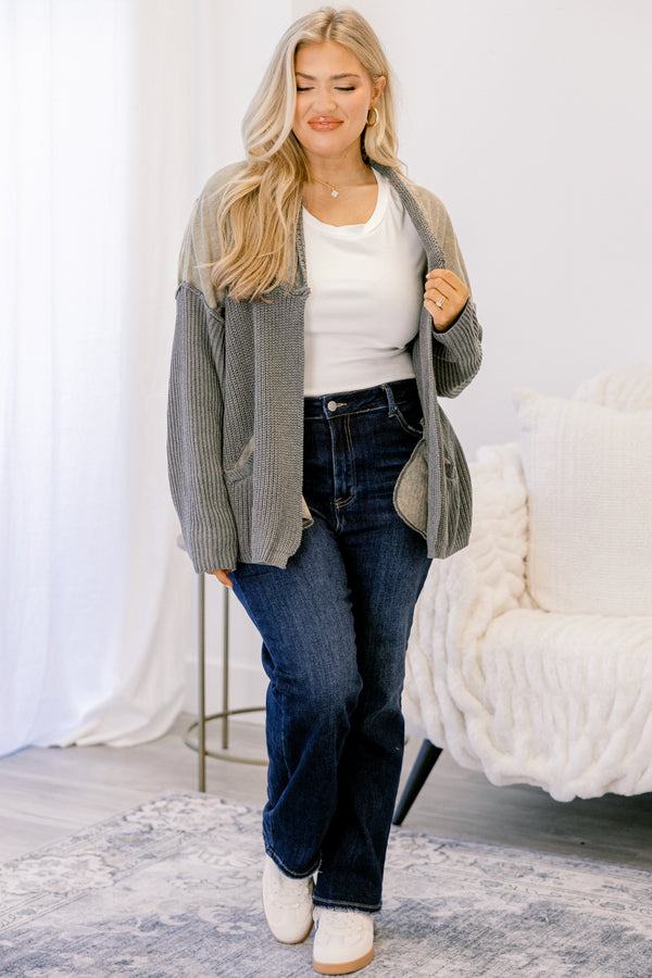 Chic Soul plus size clothing, grey knit open cardigan with tan patch on the shoulder