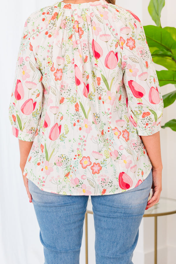 Chic Soul plus size clothing, quarter sleeve ivory top with pink floral details and v-neckline