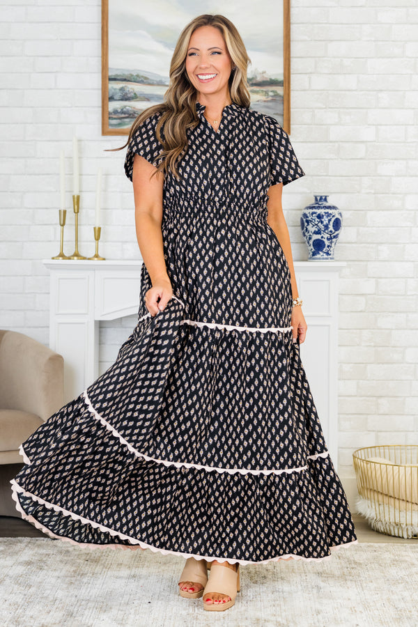 Chic Soul plus size clothing, short-sleeve block pattern ruffled maxi dress with white lining along the dress and cinched waistline