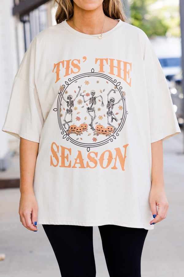 hic Soul plus size clothing, short-sleeve dust tan boyfriend tee with orange graphic lettering stating 