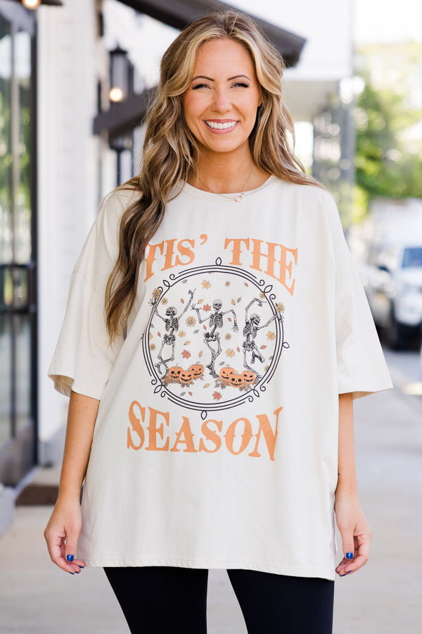 hic Soul plus size clothing, short-sleeve dust tan boyfriend tee with orange graphic lettering stating 