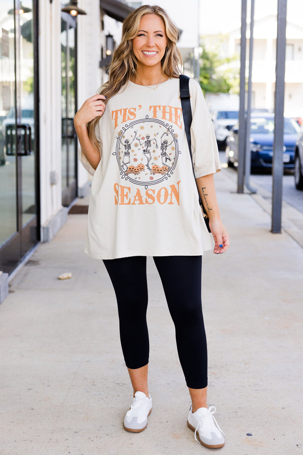 hic Soul plus size clothing, short-sleeve dust tan boyfriend tee with orange graphic lettering stating 