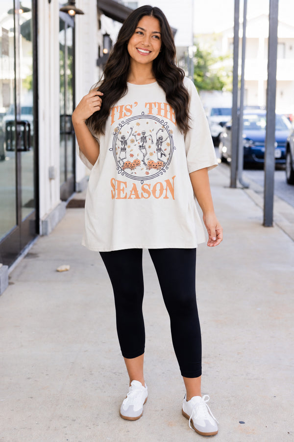 Chic Soul plus size clothing, short-sleeve dust tan boyfriend tee with orange graphic lettering stating 