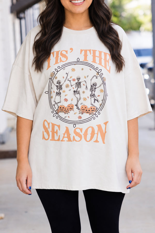 Chic Soul plus size clothing, short-sleeve dust tan boyfriend tee with orange graphic lettering stating 