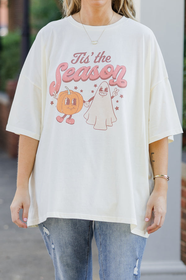 Chic Soul plus size clothing, short-sleeve ivory boyfriend tee with scoop-neckline and dusty pink graphic art stating 