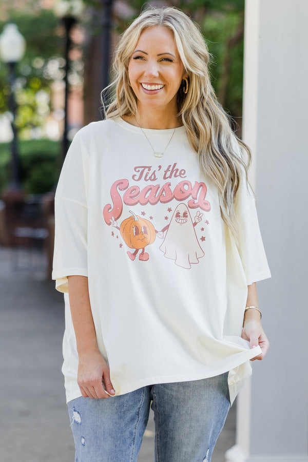 Chic Soul plus size clothing, short-sleeve ivory boyfriend tee with scoop-neckline and dusty pink graphic art stating 