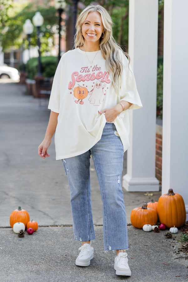 Chic Soul plus size clothing, short-sleeve ivory boyfriend tee with scoop-neckline and dusty pink graphic art stating 