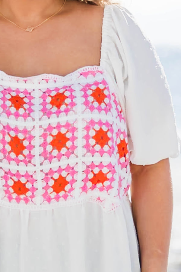 Chic Soul plus size clothing, white babydoll top with crochet accent and balloon sleeves