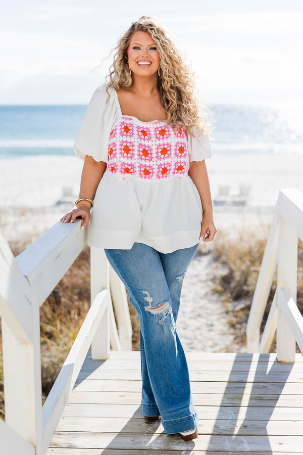 Chic Soul plus size clothing, white babydoll top with crochet accent and balloon sleeves