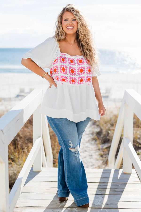 Chic Soul plus size clothing, white babydoll top with crochet accent and balloon sleeves