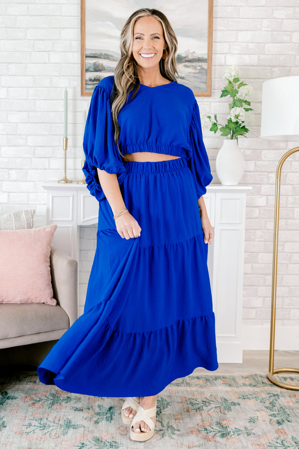 Chic Soul plus size clothing, quarter sleeve cropped royal blue top with small v-neckline and puffed sleeves