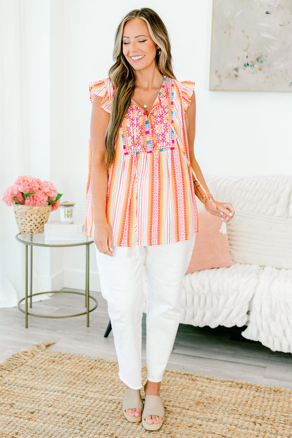 Chic Soul plus size clothing, rust boho print short sleeve top with stripe print with embroidery detail along chest with v cutout on neckline and ruffle sleeves