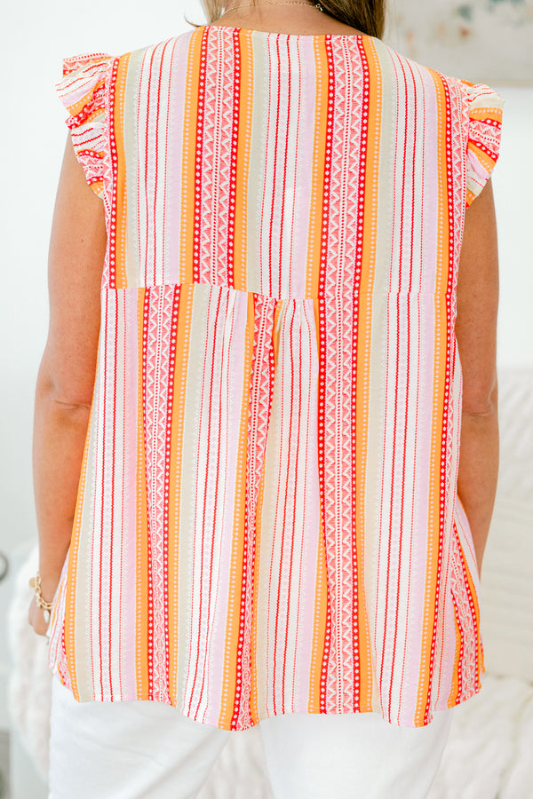 Chic Soul plus size clothing, rust boho print short sleeve top with stripe print with embroidery detail along chest with v cutout on neckline and ruffle sleeves