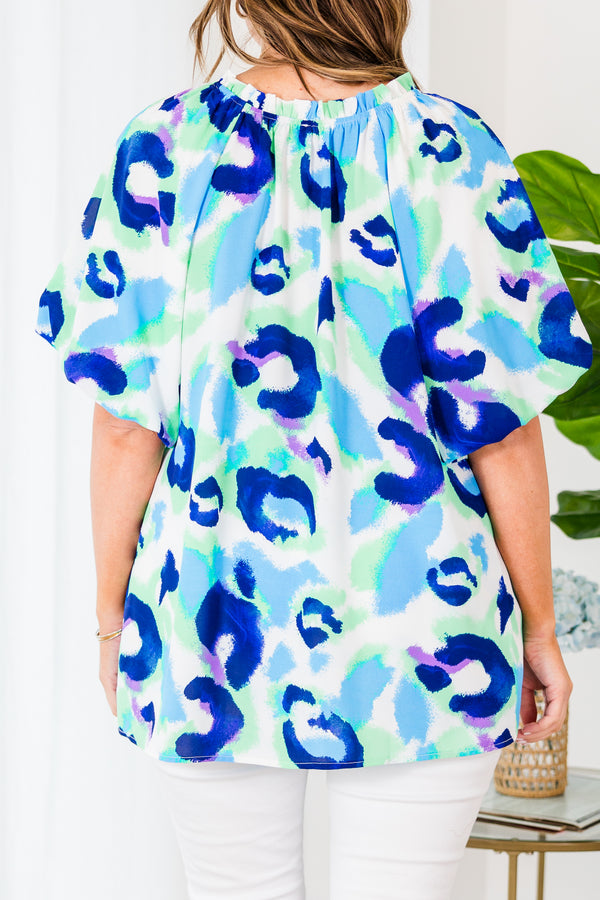 Chic Soul plus size clothing, mint mix cheetah print short sleeve top with bubble sleeves