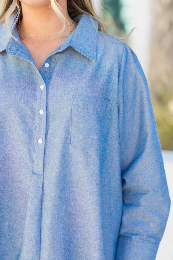 Chic Soul plus size clothing, light chambray denim puff sleeve dress with buttons and a collar and a ruffle flair hem