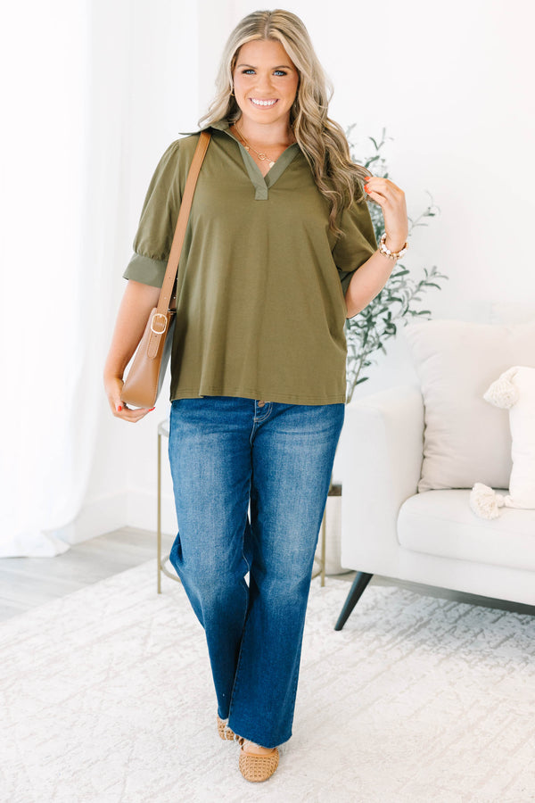 Plus Size olive green short puff sleeve top with a collared v-neckline 