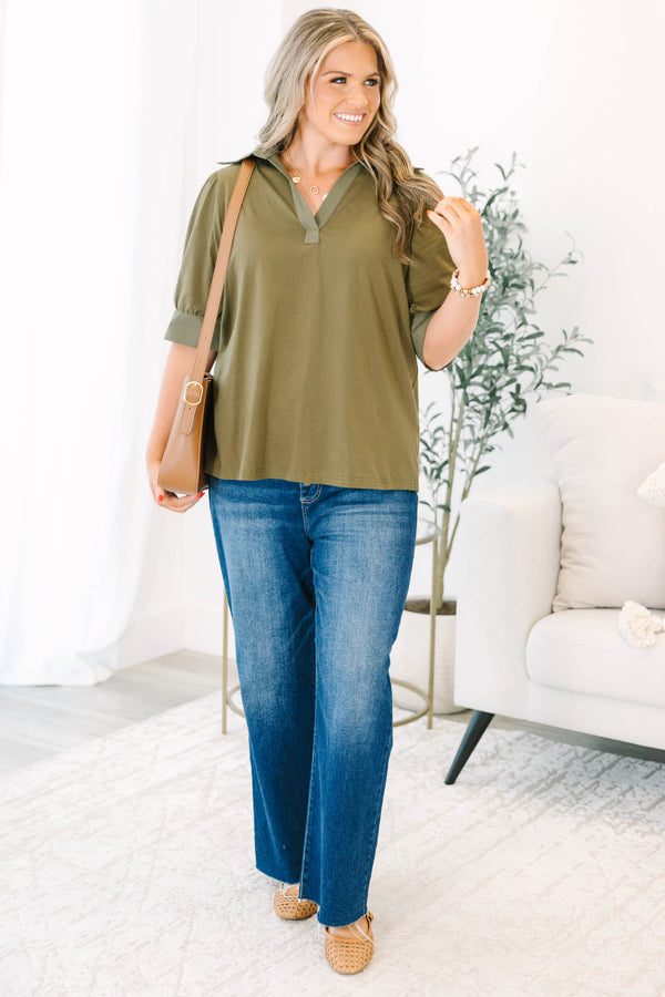 Plus Size olive green short puff sleeve top with a collared v-neckline 