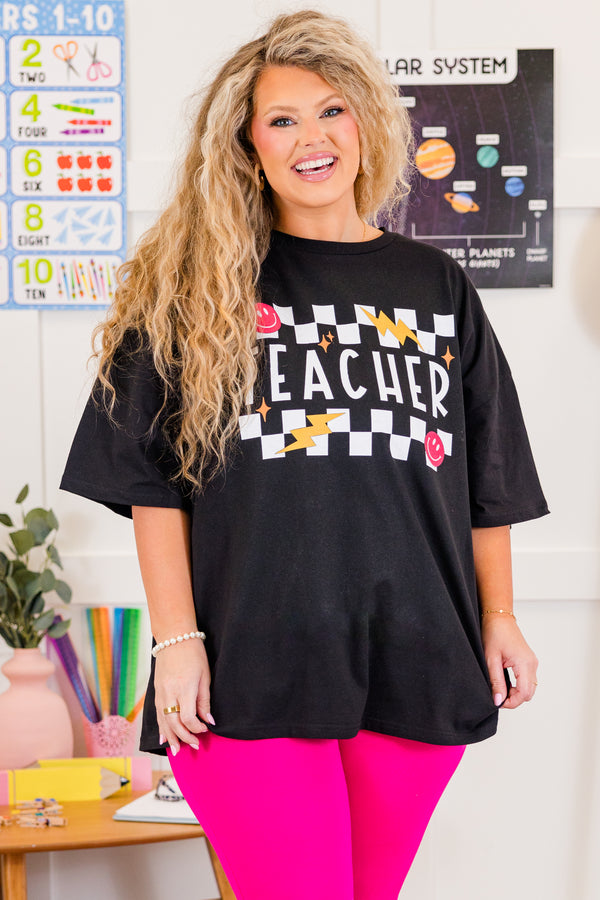 Chic Soul plus size clothing, black short sleeve boyfriend tee with checkered graphic with 