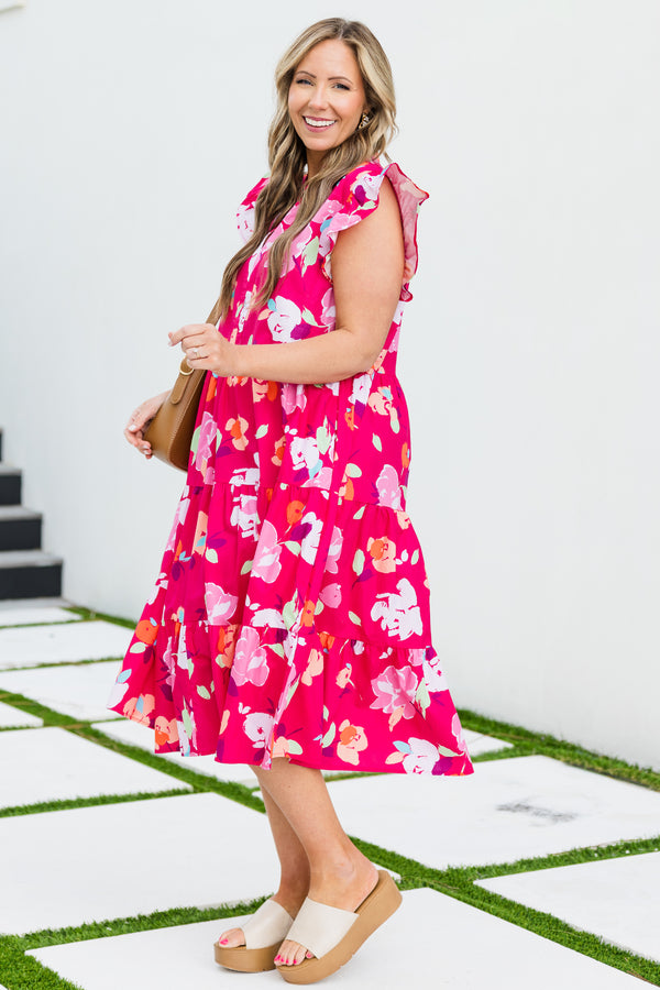 Chic Soul plus size clothing, magenta short sleeve midi dress with tiered detail with v neckline with ruffle sleeve detail and large floral multi print
