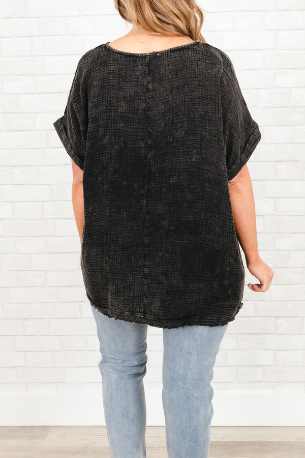 Chic Soul plus size clothing, black textured top with front pocket