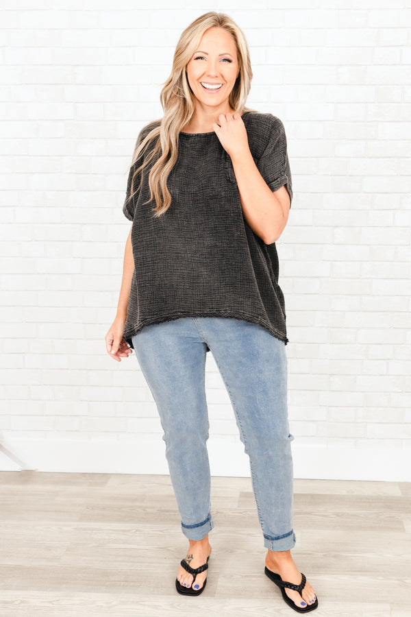 Chic Soul plus size clothing, black textured top with front pocket