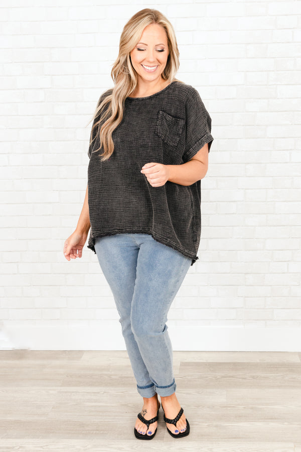 Chic Soul plus size clothing, black textured top with front pocket