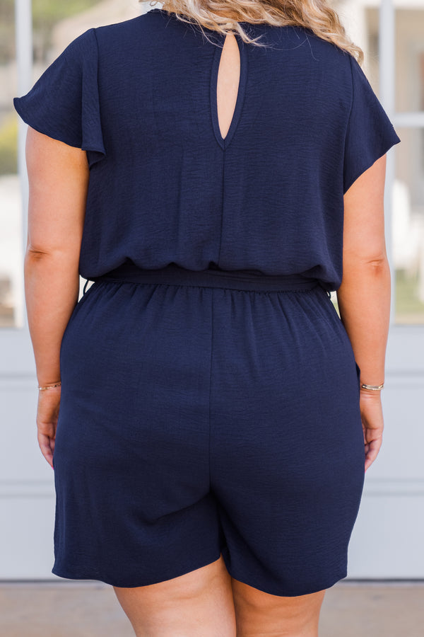 Chic Soul plus size clothing, short-sleeve flutter sleeve navy romper with waist-tie and v-neckline 