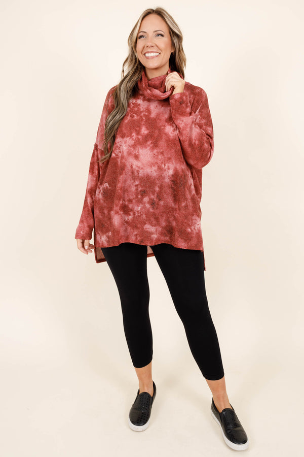 Chic Soul plus size clothing, cabernet colored tie dye mock neck top with slits on the sides