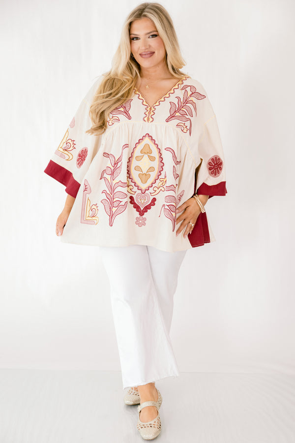 Chic Soul plus size clothing, ivory 3/4 bell sleeve v neck top with burgundy, pink, and gold embroidery detailing