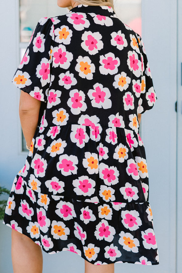Chic Soul plus size clothing, black short sleeve tiered mini dress with v neckline and puff sleeves with large orange and pink floral pattern