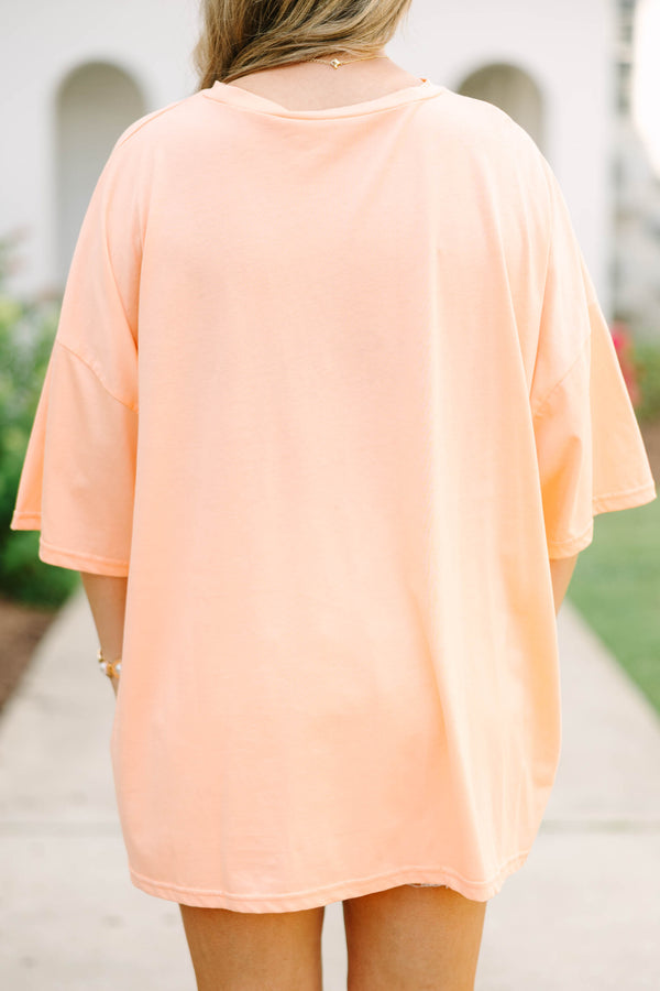 Plus Size neon coral oversized boyfriend tee with three colorful graphic tigers and white shorts.