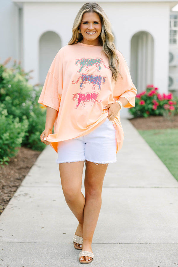 Plus Size neon coral oversized boyfriend tee with three colorful graphic tigers and white shorts.